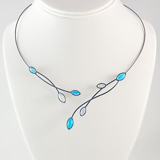 Black Memory Wire Floral Necklace with Handmade Glass Beads, Hypoallergenic, White Opal/Cyan Opal - Kristina