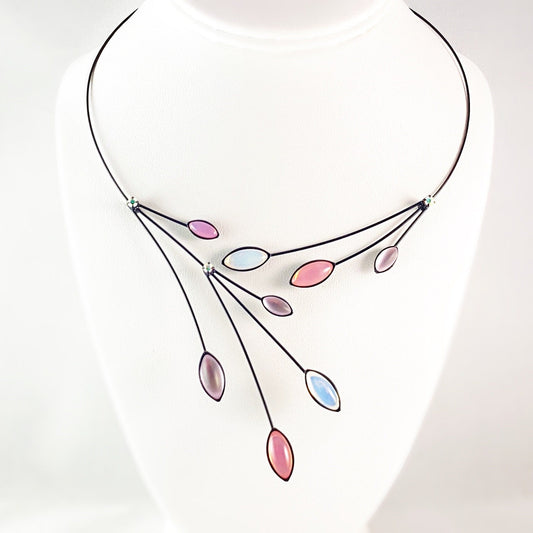 Black Memory Wire Floral Necklace with Handmade Glass Beads, Hypoallergenic, White Opal/Pink Opal/Pink - Kristina