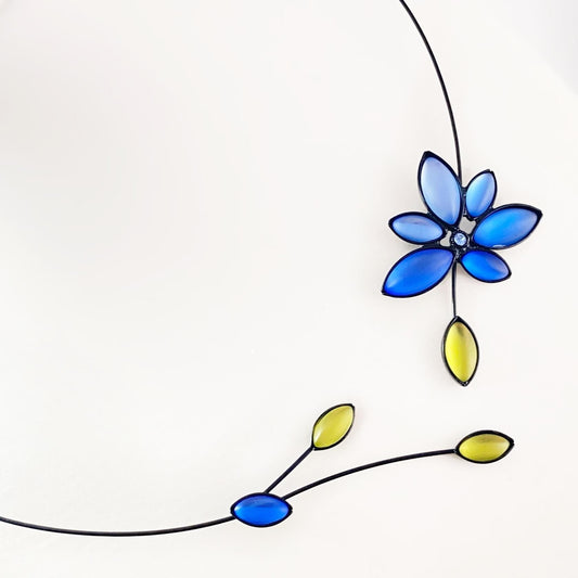 Black Memory Wire Flower Necklace with Handmade Glass Beads, Hypoallergenic, Blue/Chartreuse - Kristina