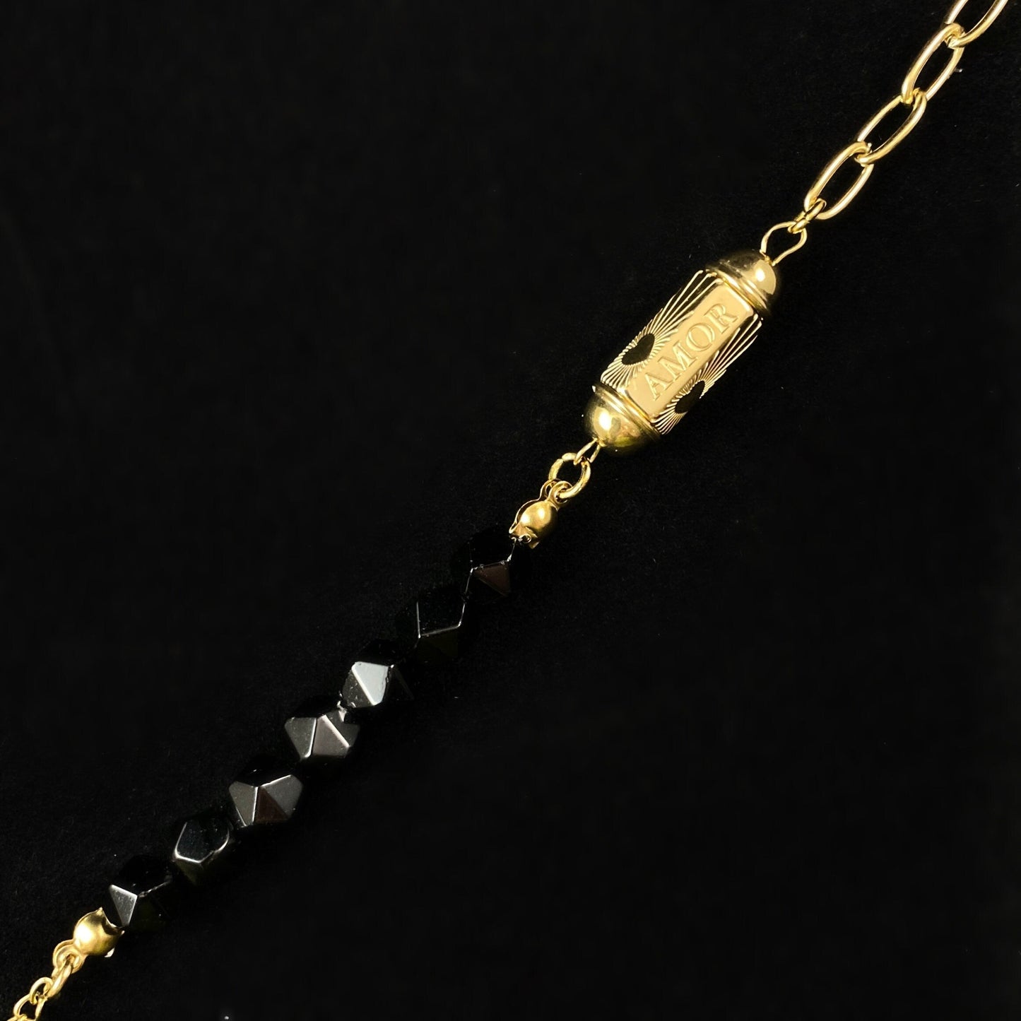 Black Natural Stone Bracelet with Love/Amor Calligraphy and Dainty Gold Heart Detailing