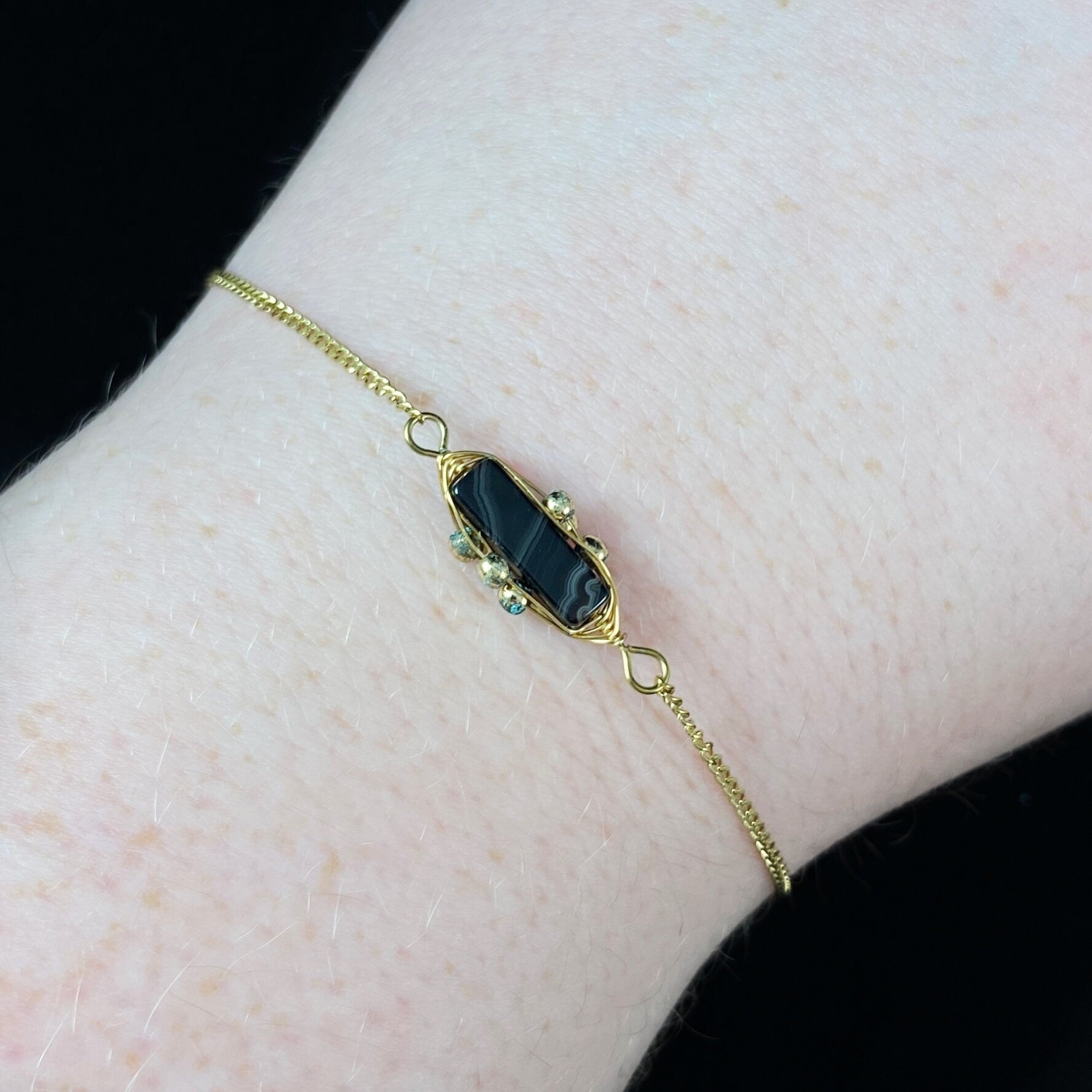 Black Rectangle Natural Stone Bracelet with Gold Chain Band and Wire Wrapped Setting