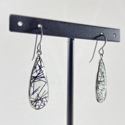 Black Tourmaline Rutilated Clear Quartz Drop Earrings - Natural Stone Jewelry Made in USA