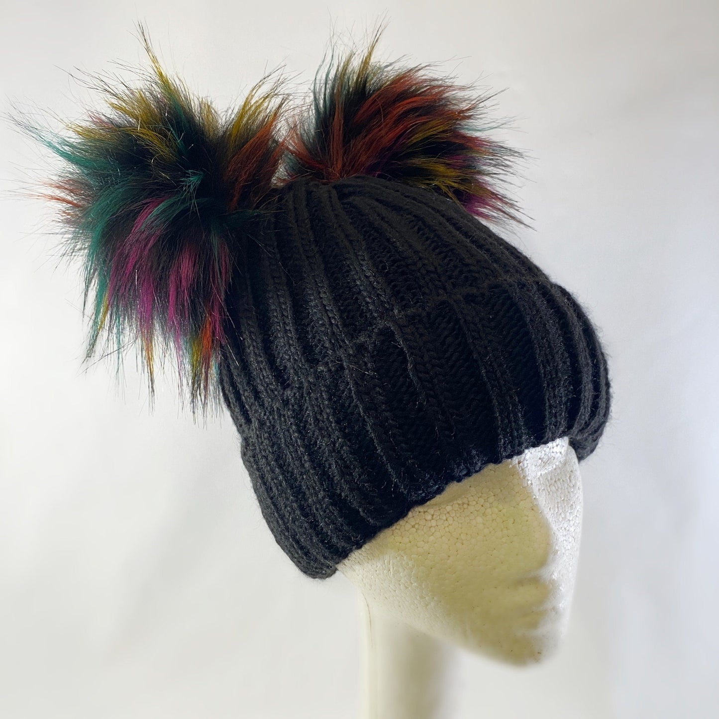 Black Winter Beanie With Dual Multicolor Pompoms - Made From Italian Wool, Acrylic Yarn, and Faux Fur