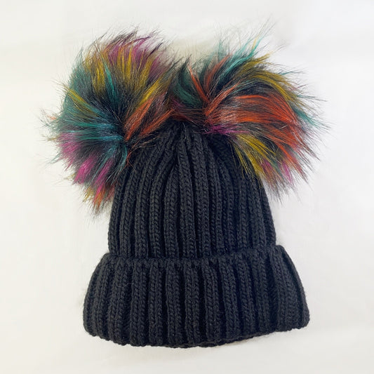 Black Winter Beanie With Dual Multicolor Pompoms - Made From Italian Wool, Acrylic Yarn, and Faux Fur