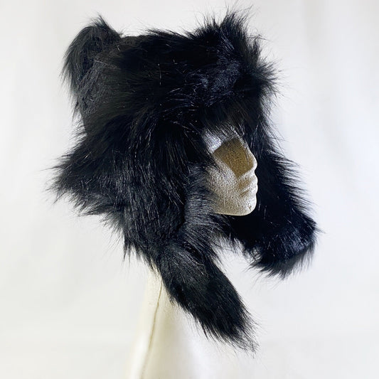 Black Winter Hat With Flaps - Made From Italian Wool, Acrylic Yarn, and Faux Fur