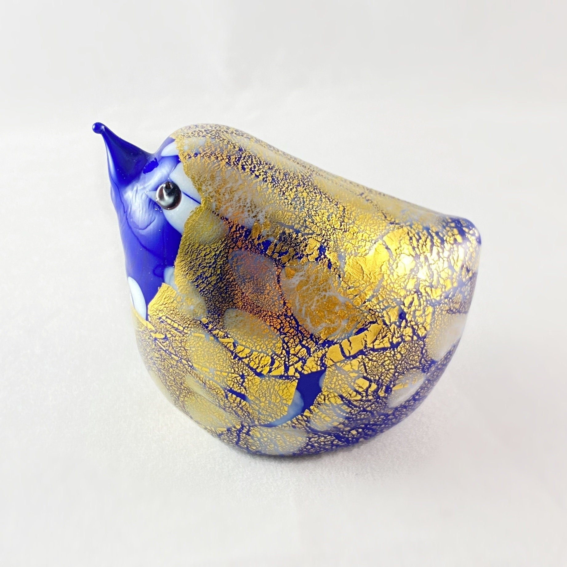 Blue and Gold Venetian Glass Chubby Bird - Handmade in Italy, Colorful Murano Glass