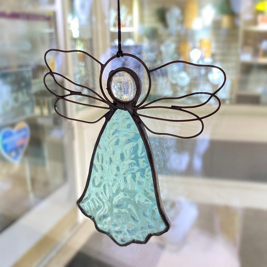 Blue Angel Ornament with Intricate Wire Wings - Suncatchers