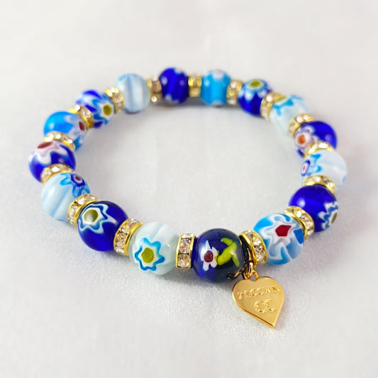 Blue Beaded Venetian Glass Bracelet, Gold - Handmade in Italy, Colorful Murano Glass