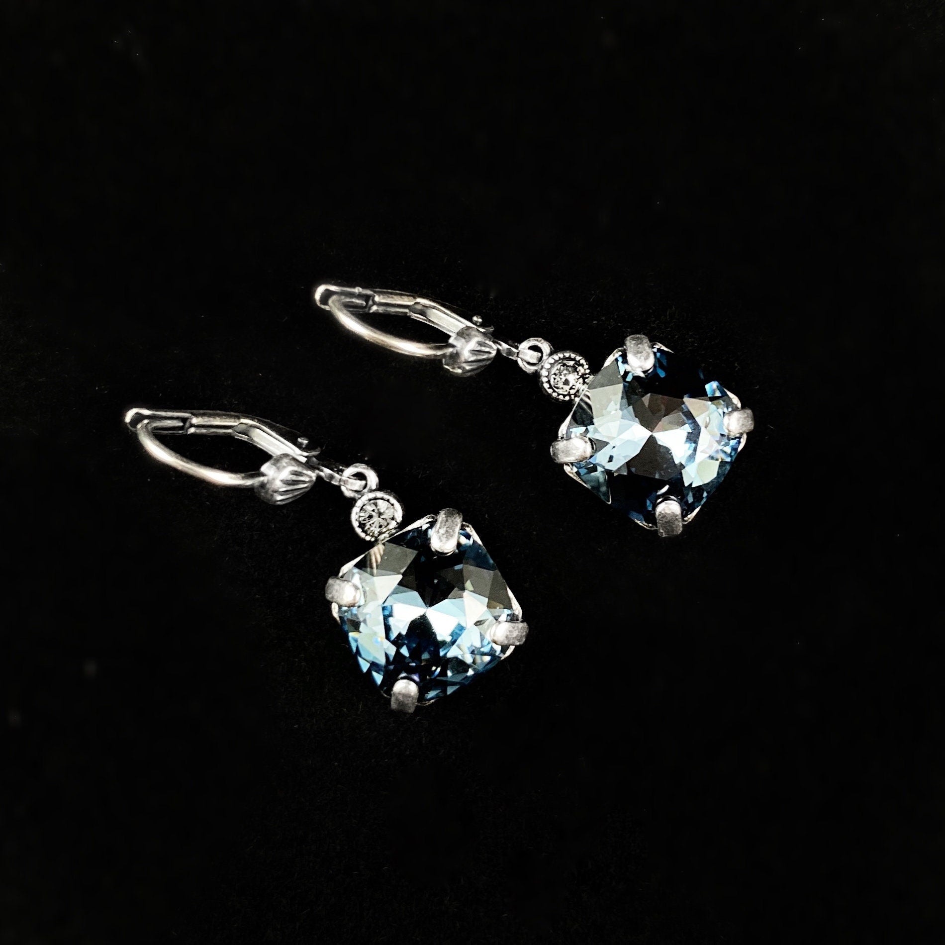 Blue Crystal Cushion Cut Swarovski Crystal Drop Earrings - La Vie Parisienne by Catherine Popesco