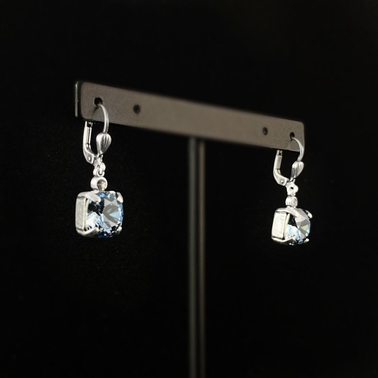 Blue Crystal Cushion Cut Swarovski Crystal Drop Earrings - La Vie Parisienne by Catherine Popesco