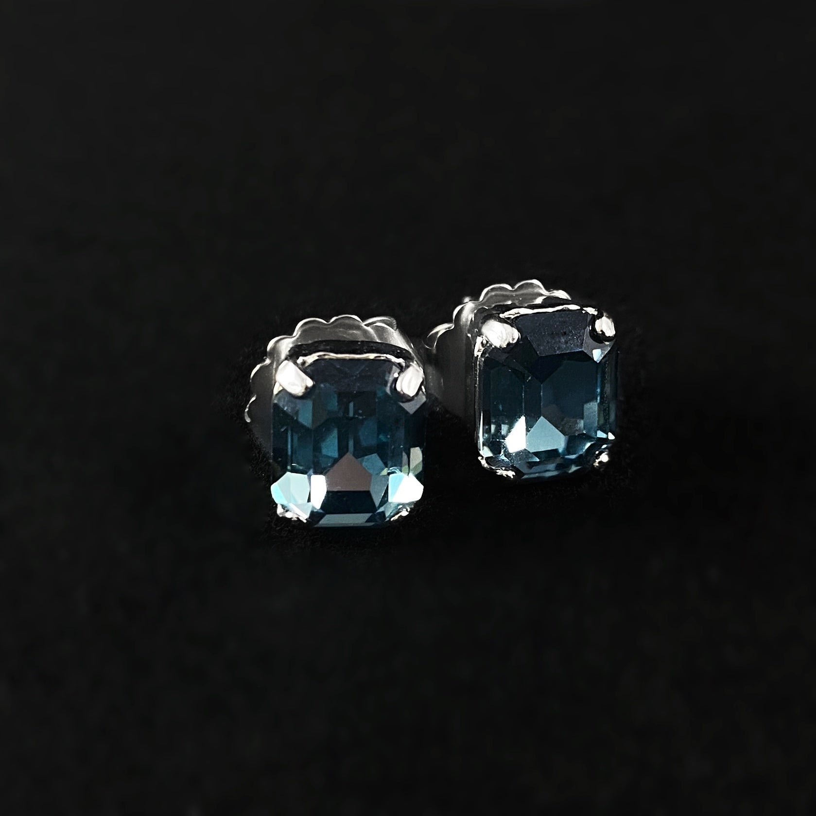Blue Crystal Emerald Cut Earrings with Silver Finish and
