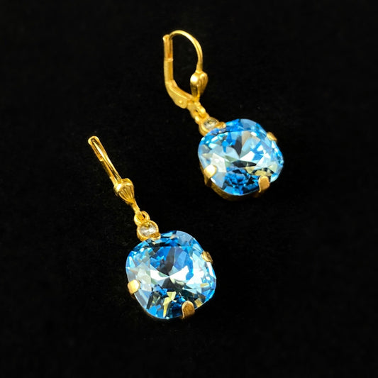 Blue Cushion Cut Swarovski Crystal Drop Earrings - La Vie Parisienne by Catherine Popesco