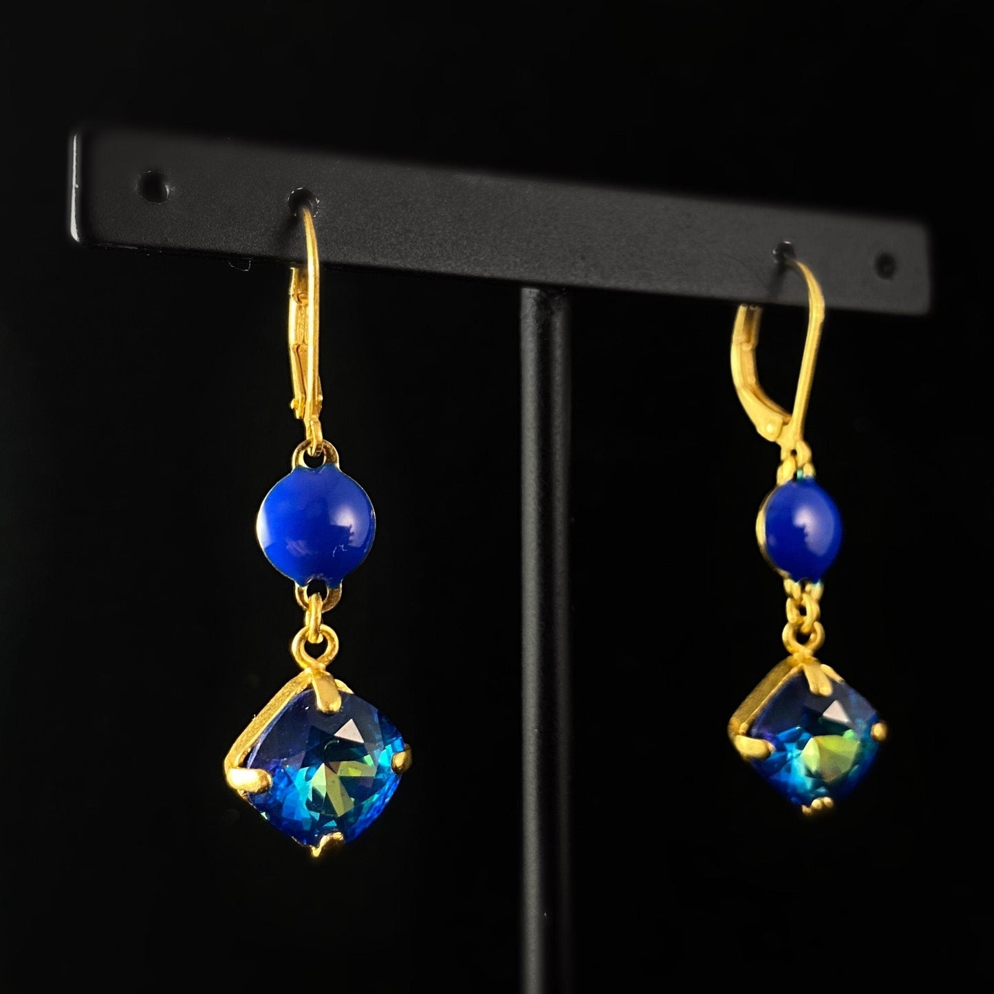 Blue Enamel Circle and Cushion Cut Swarovski Crystal Drop Earrings - La Vie Parisienne by Catherine Popesco