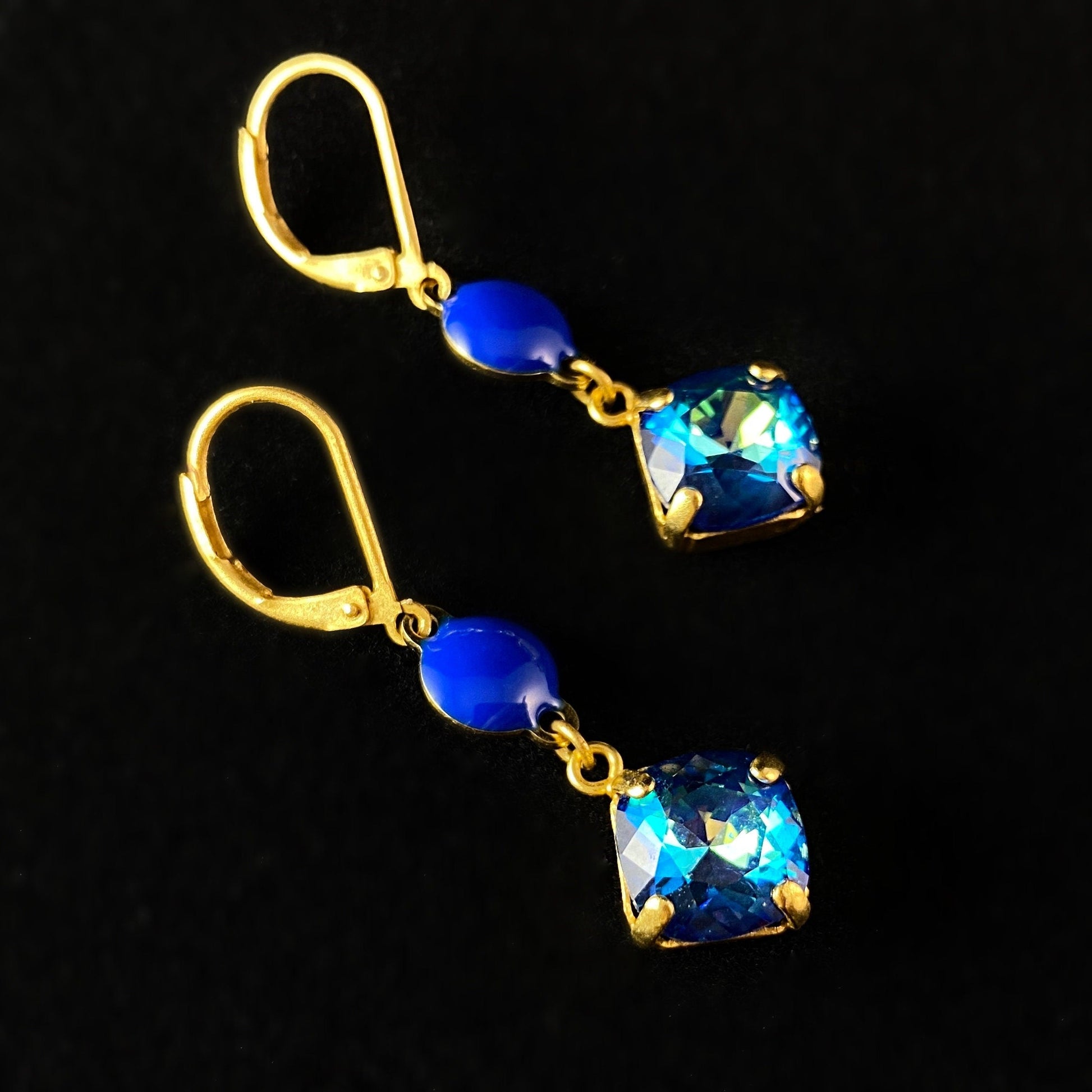 Blue Enamel Circle and Cushion Cut Swarovski Crystal Drop Earrings - La Vie Parisienne by Catherine Popesco