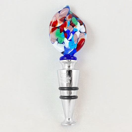 Blue Feather Top Venetian Glass Bottle Stopper - Handmade in Italy, Colorful Murano Glass