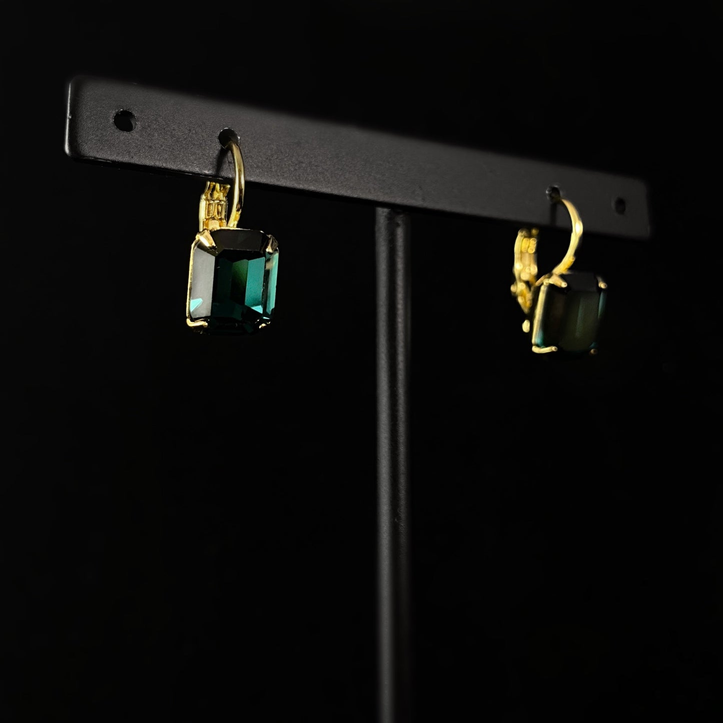 Blue/Green Colored Emerald Cut Crystal Earrings with Gold