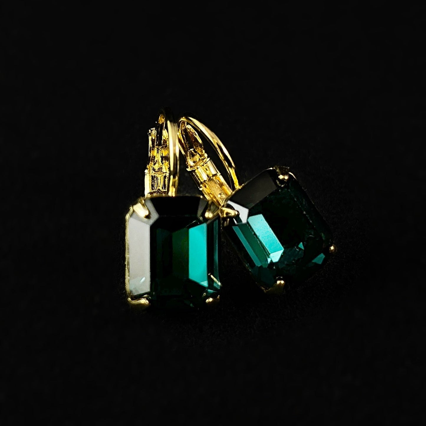 Blue/Green Colored Emerald Cut Crystal Earrings with Gold