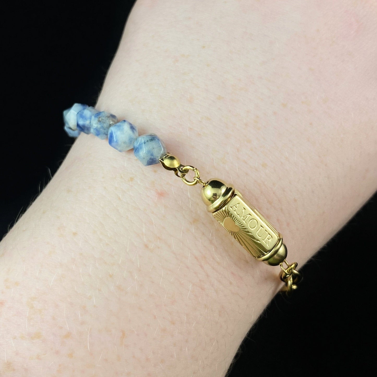 Blue Natural Stone Bracelet with Love/Amour Calligraphy and Dainty Gold Heart Detailing