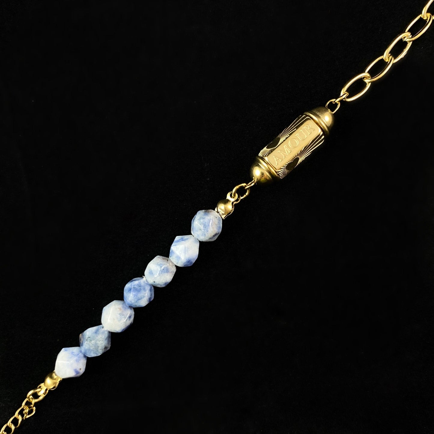 Blue Natural Stone Bracelet with Love/Amour Calligraphy and Dainty Gold Heart Detailing