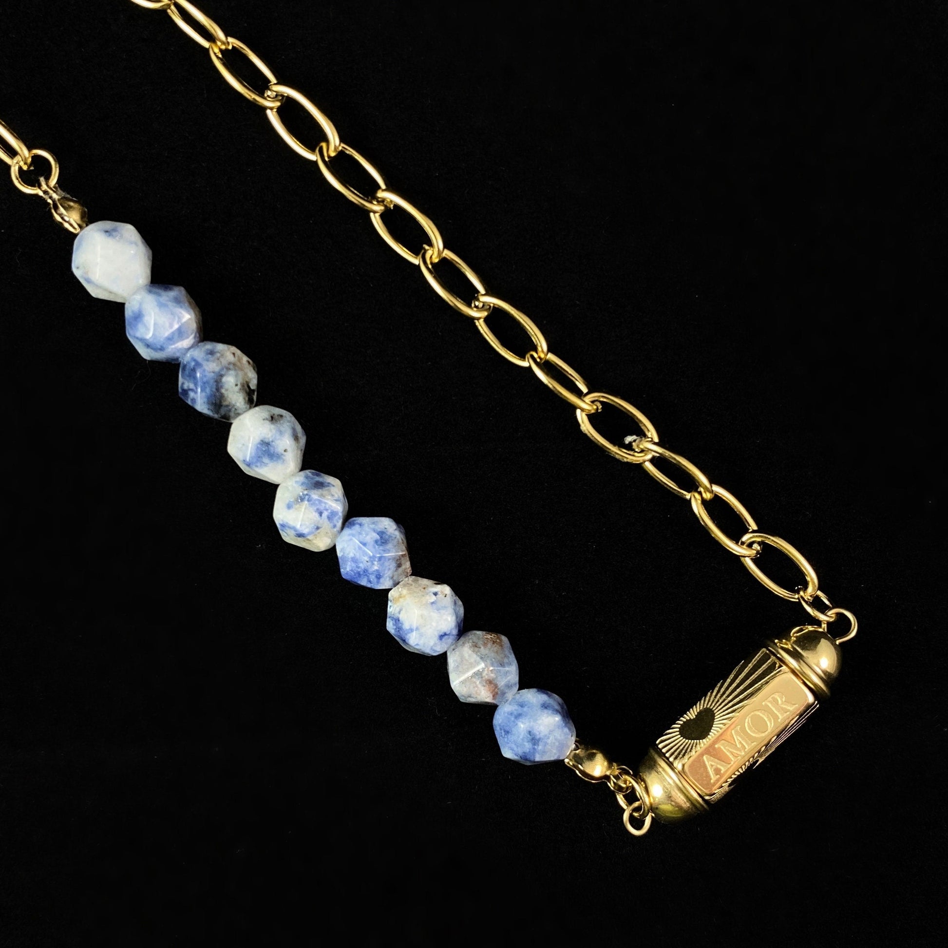 Blue Natural Stone Necklace with Love/Amor Calligraphy and Dainty Gold Heart Detailing
