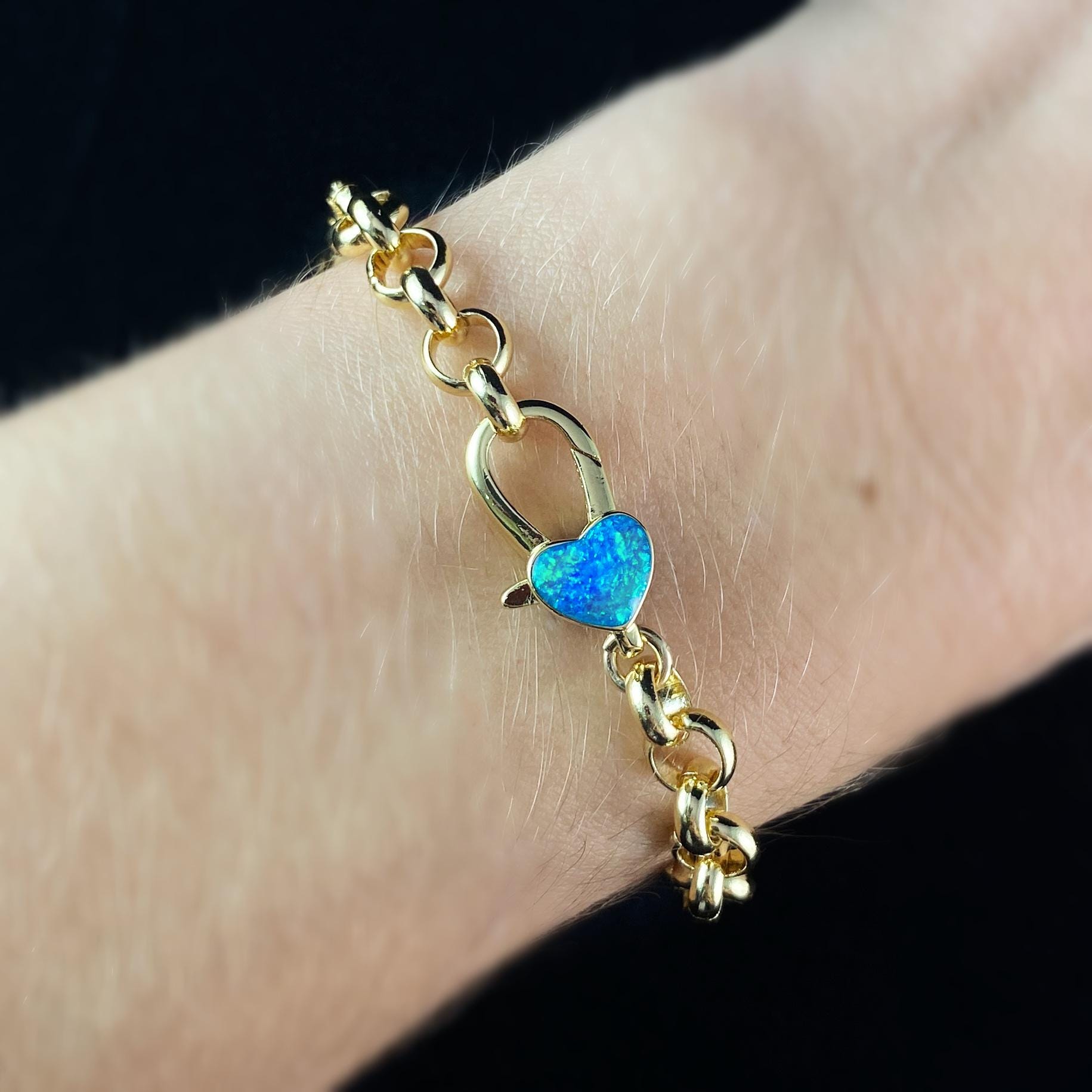 Blue Opal Heart Clasp with Gold Chain Bracelet- Athena