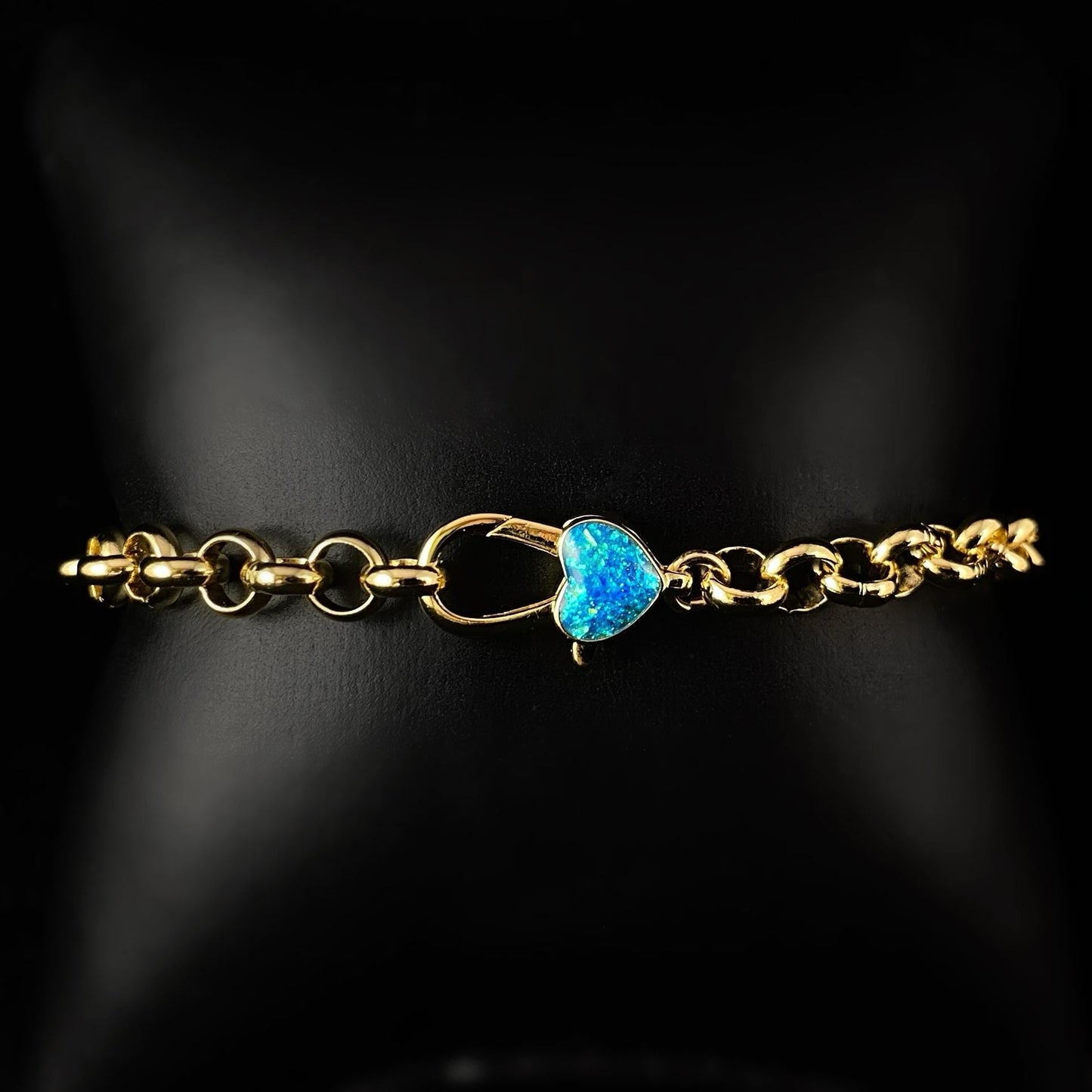 Blue Opal Heart Clasp with Gold Chain Bracelet- Athena