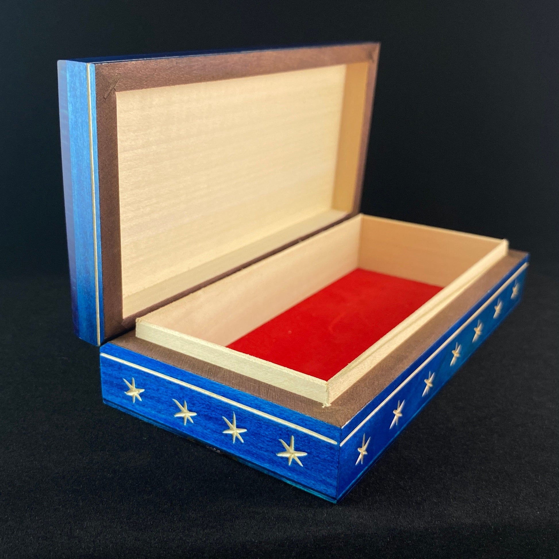 Blue Patriotic Shooting Star Box , Handmade Hinged Wooden Treasure Box