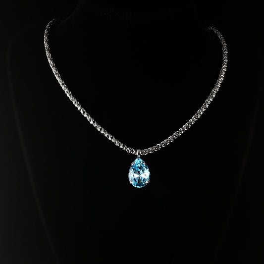 Blue Pear Cut Crystal Pendant Adjustable Rope Chain Necklace