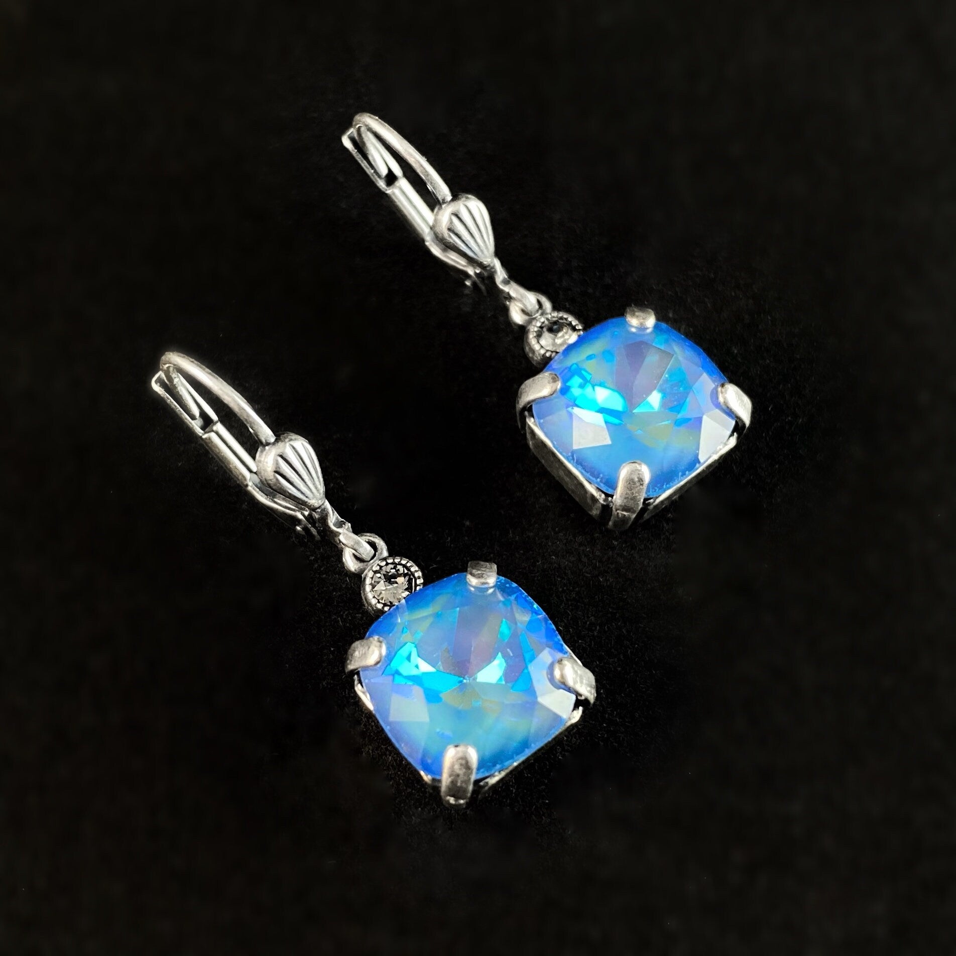Blue Square Cut Swarovski Crystal Drop Earrings - La Vie Parisienne by Catherine Popesco