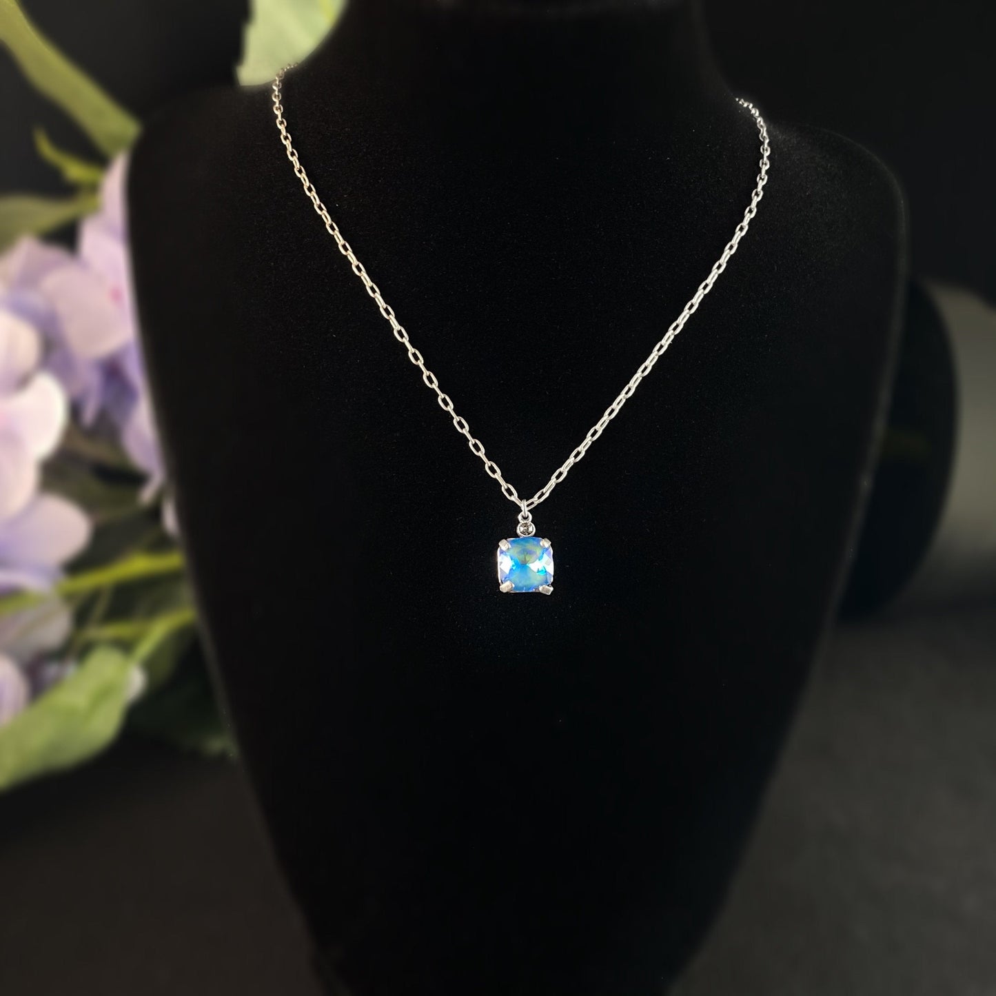 Blue Square Cut Swarovski Crystal Pendant Necklace - La Vie Parisienne by Catherine Popesco