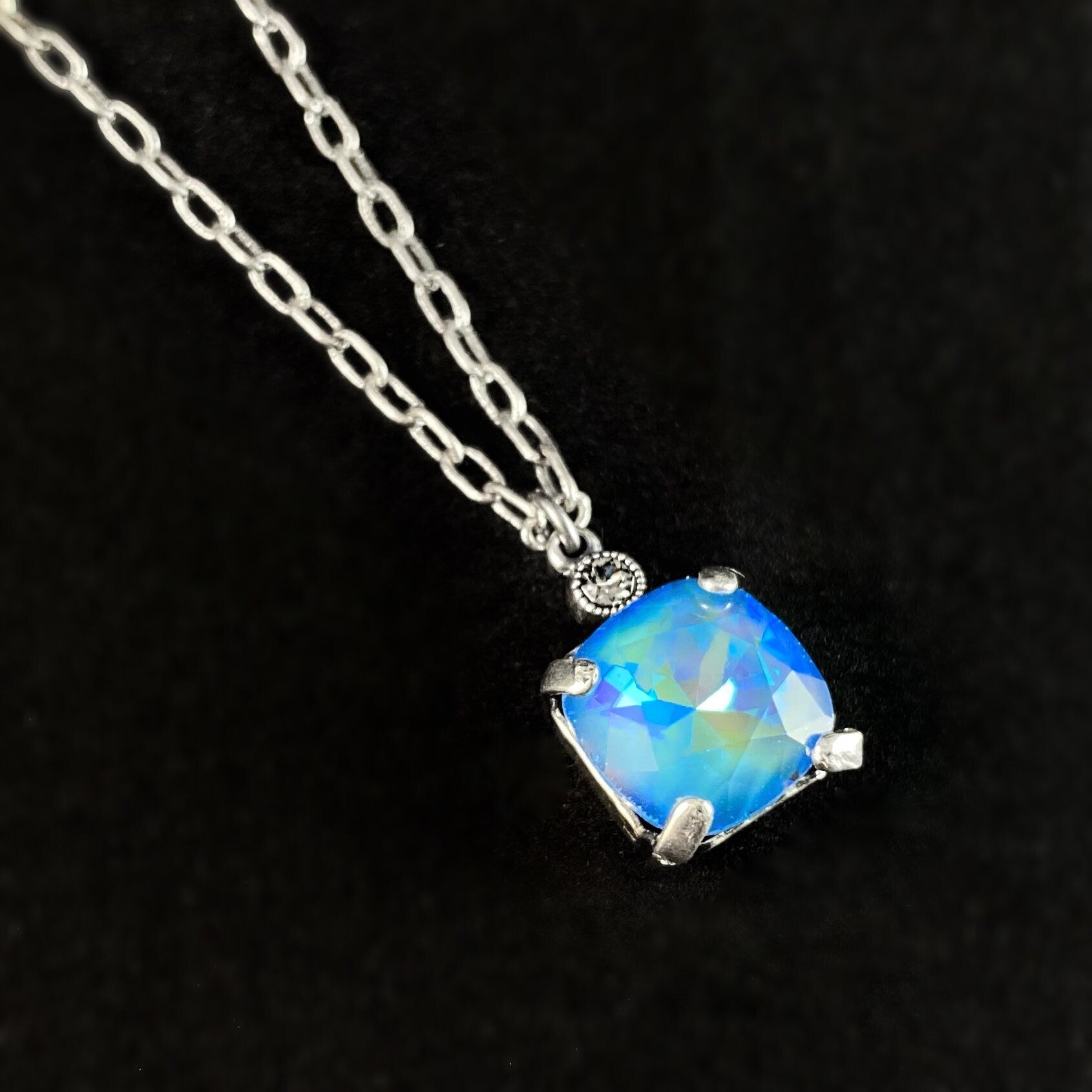 Blue Square Cut Swarovski Crystal Pendant Necklace - La Vie Parisienne by Catherine Popesco
