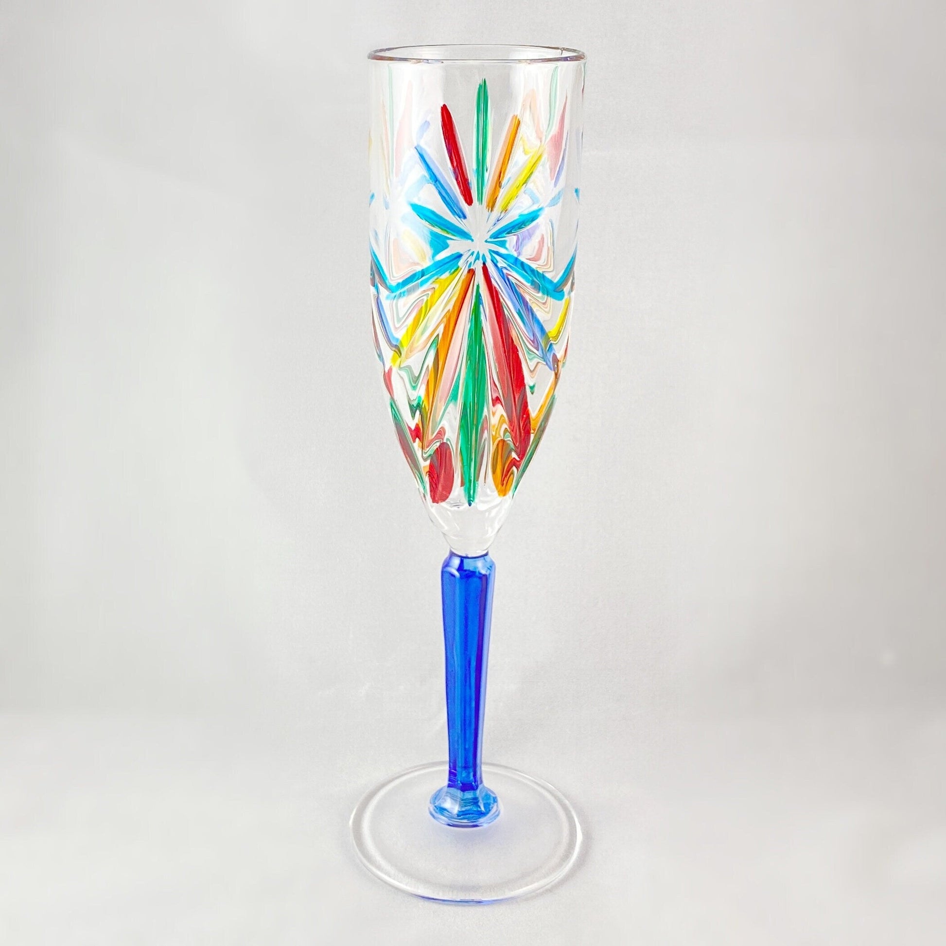 Blue Stem Oasis Venetian Glass Champagne Flute  - Handmade in Italy, Colorful Murano Glass