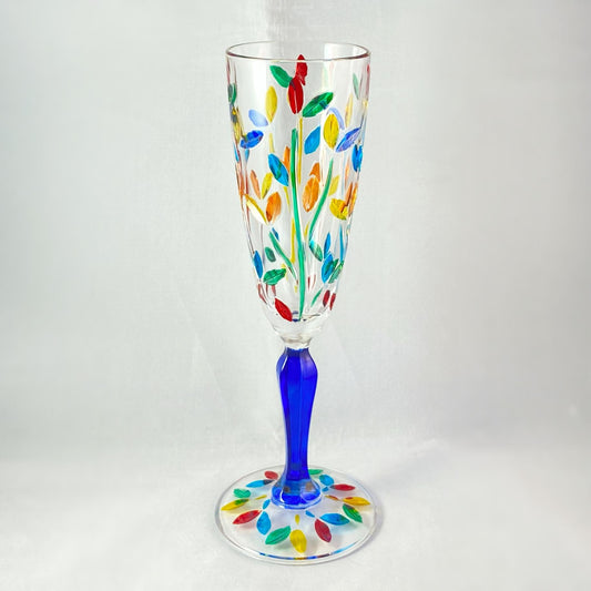 Blue Stem Tree of Life Venetian Glass Champagne Flute - Handmade in Italy, Colorful Murano Glass