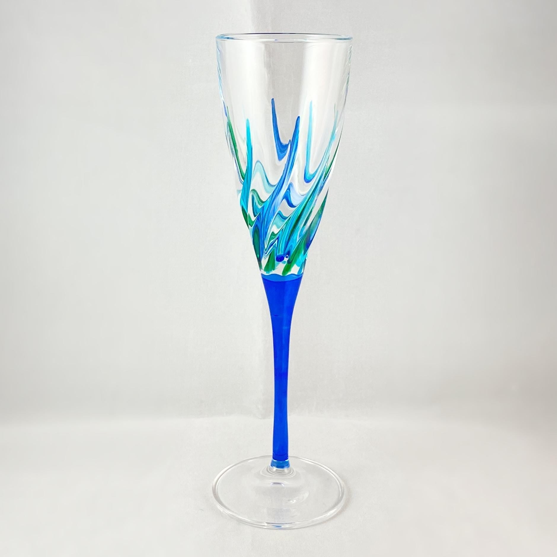 Blue Stem Trix SD Venetian Glass Champagne Flute - Handmade in Italy, Colorful Murano Glass
