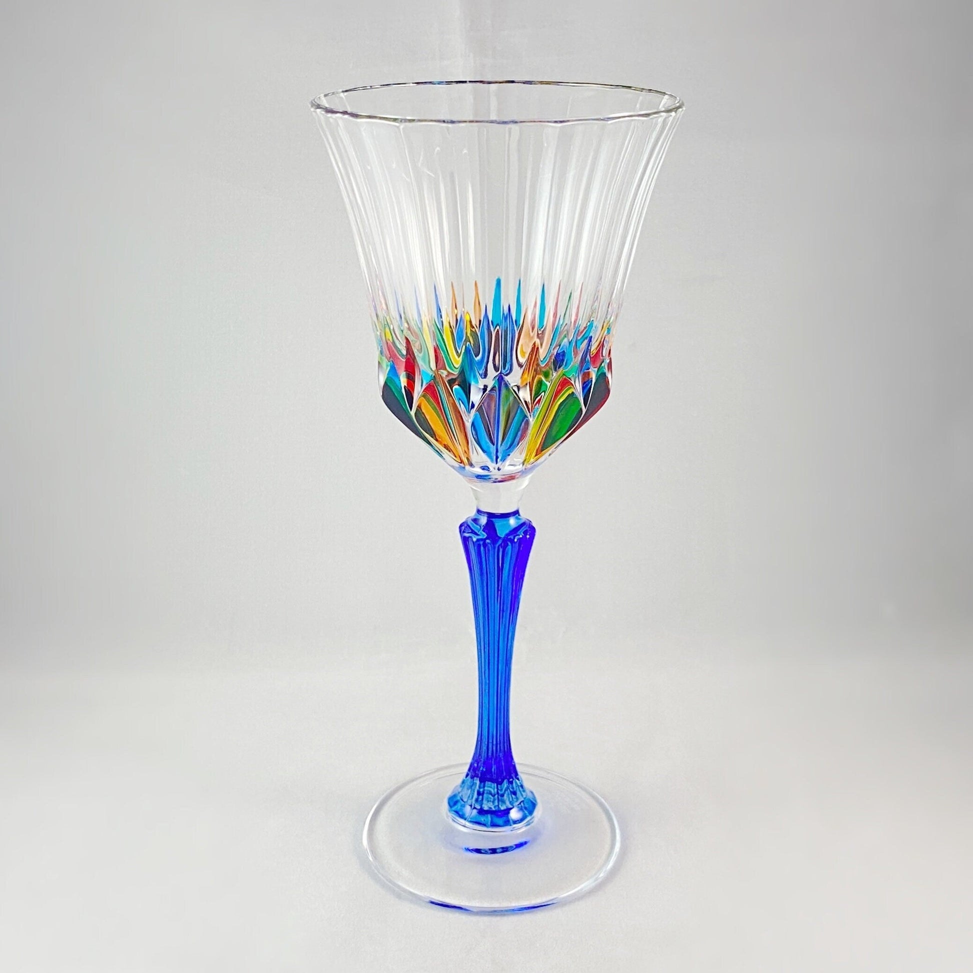 Blue Stem Venetian Glass Adagio Clarity Wine Glass - Handmade in Italy, Colorful Murano Glass