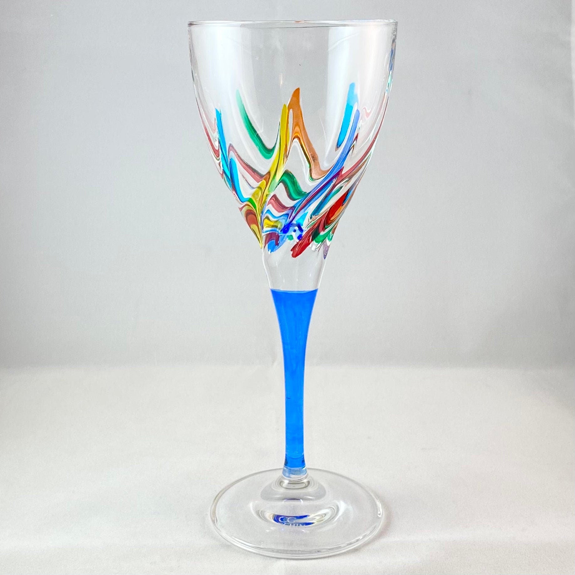 Blue Stem Venetian Glass Trix Wine Glass - Handmade in Italy, Colorful Murano Glass