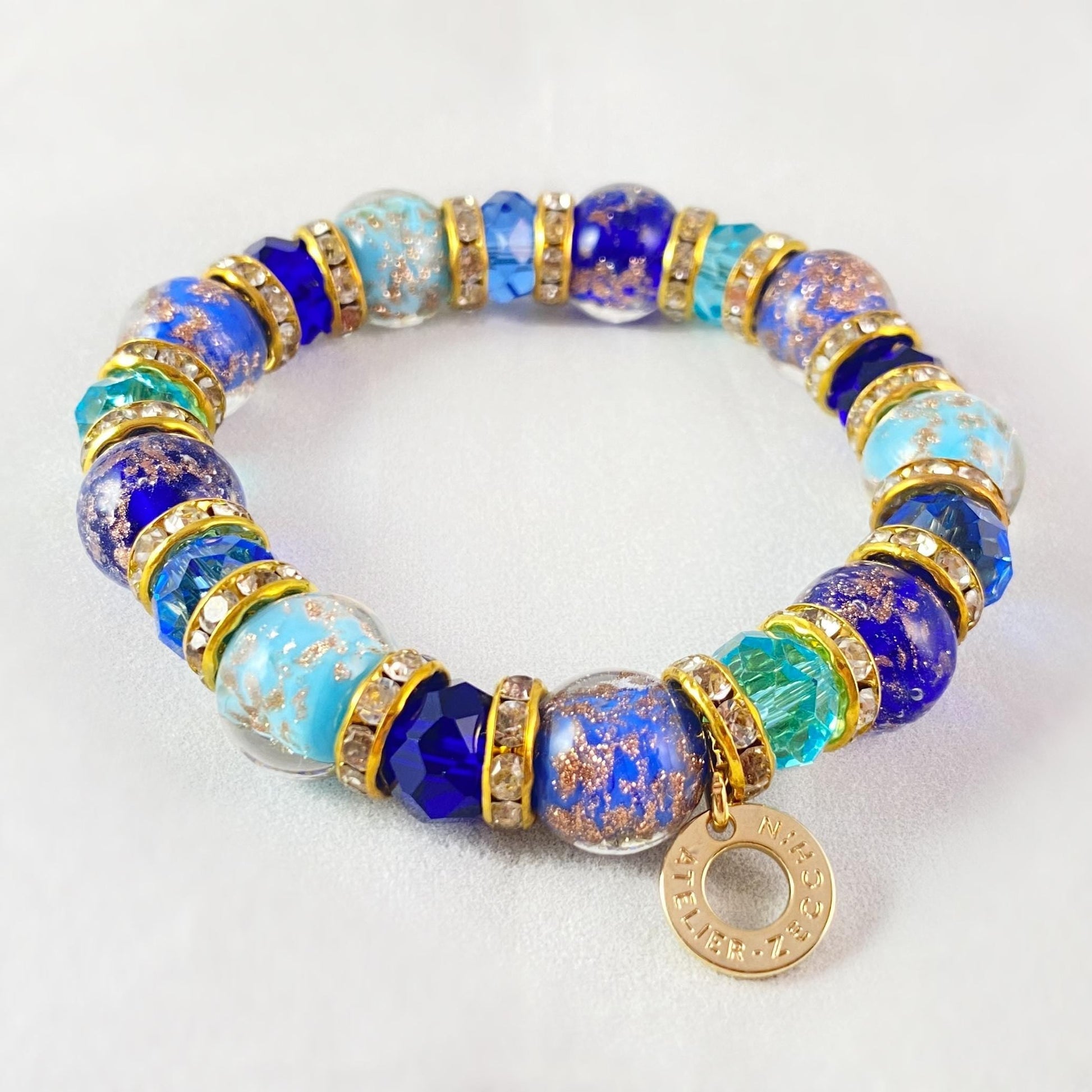 Blue Tones Beaded Venetian Glass Bracelet - Handmade in Italy, Colorful Murano Glass