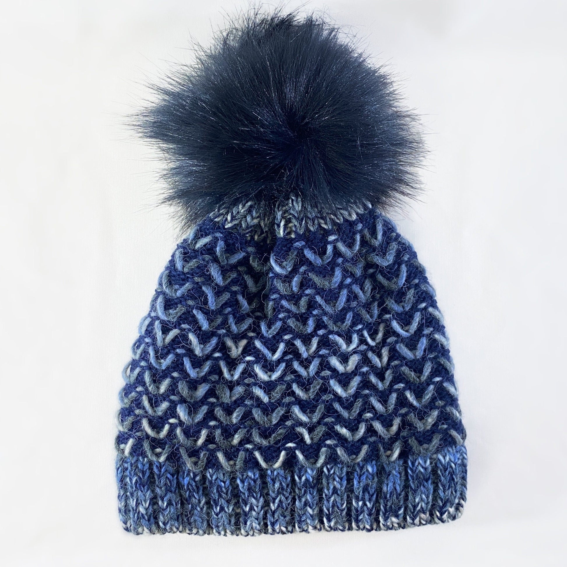 Blue Winter Beanie With Pompom - Made From Italian Wool, Acrylic Yarn, and Faux Fur