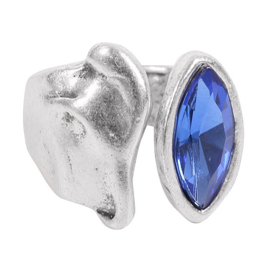 Chunky Silver Statement Ring with Blue Crystal, Handmade, Nickel Free - Noir