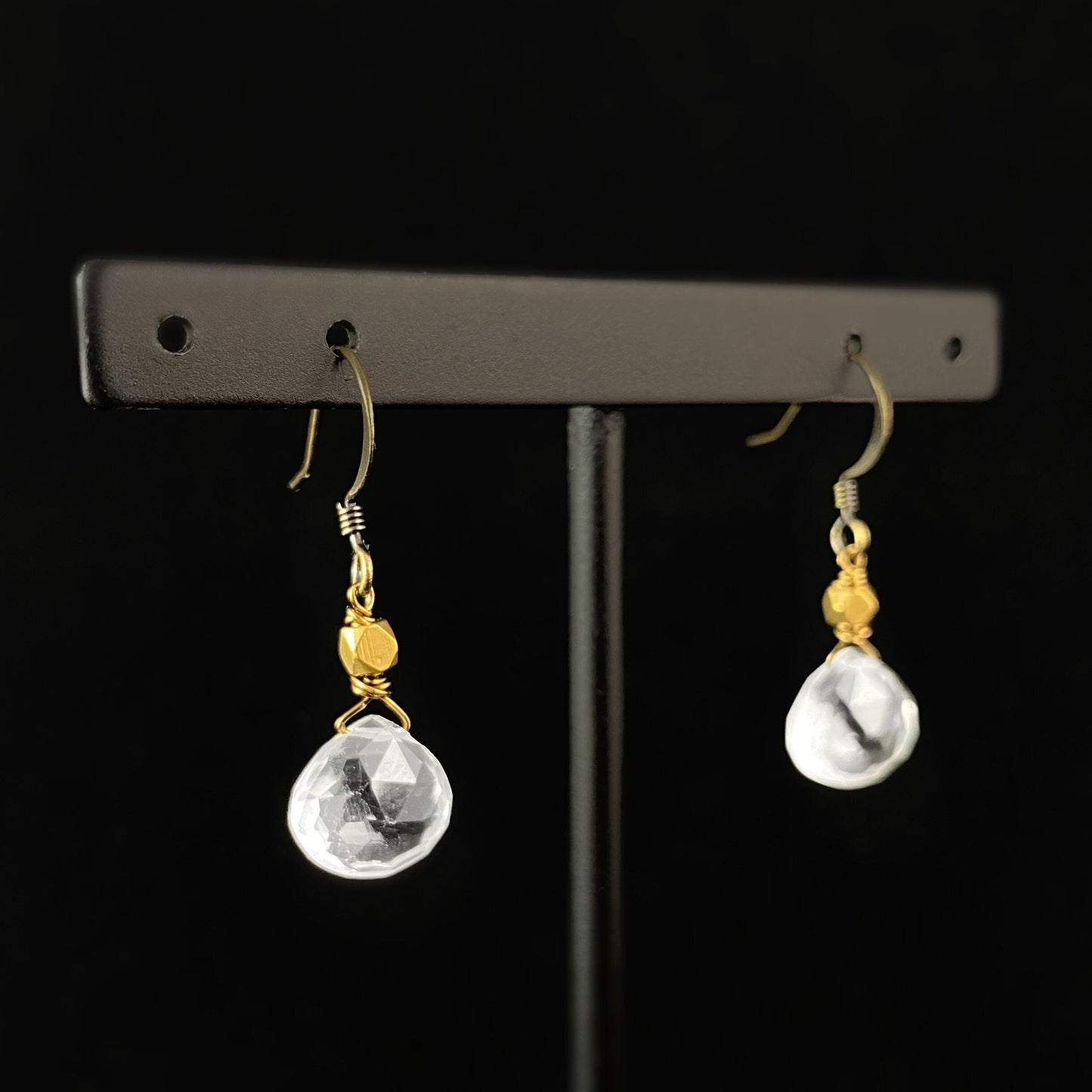 Boho Clear Quartz Droplet Earrings with Brass Bead Accent