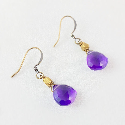 Boho Purple Quartz Droplet Earrings with Brass Bead Accent