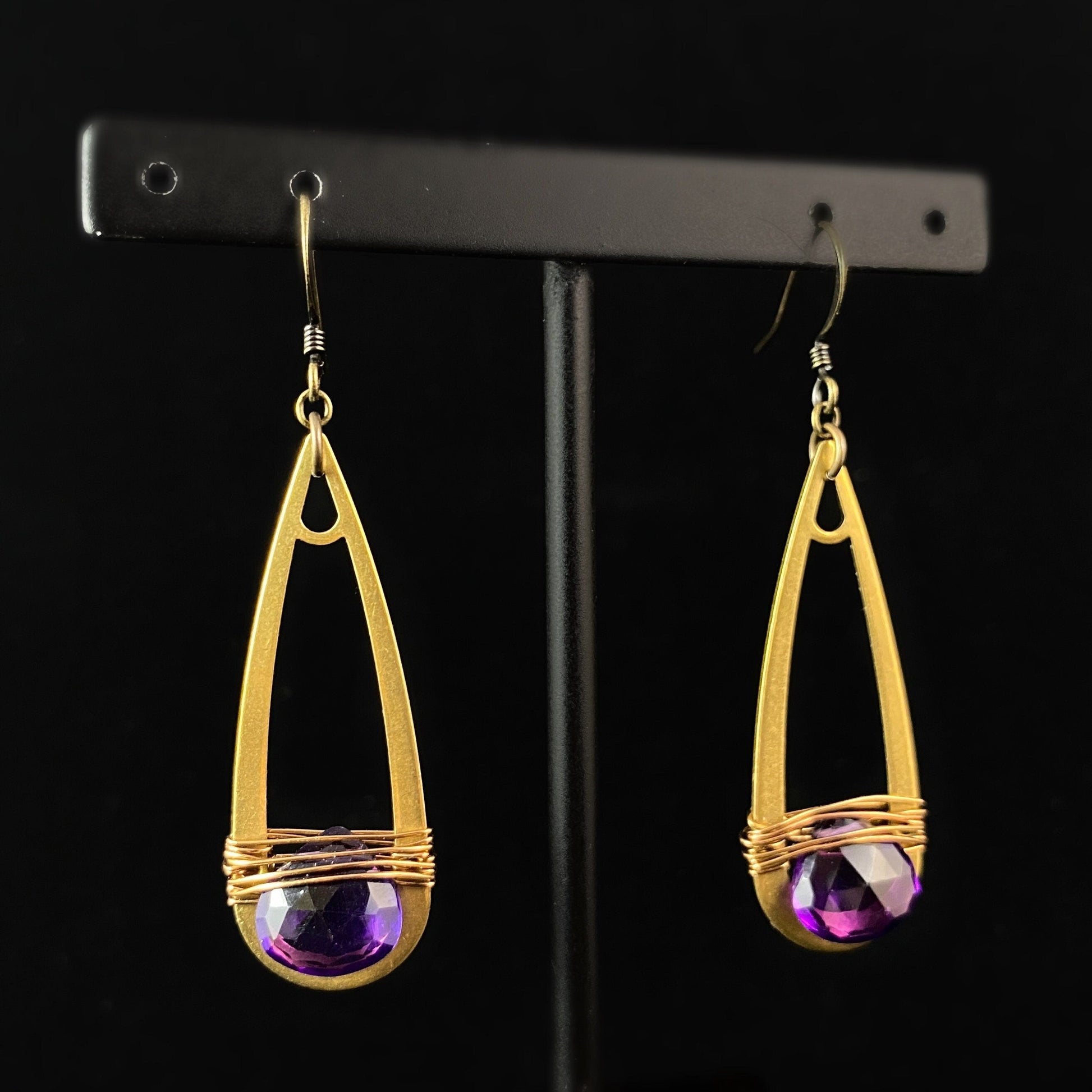 Boho Purple Quartz Wire Wrapped Elongated Teardrop Earrings