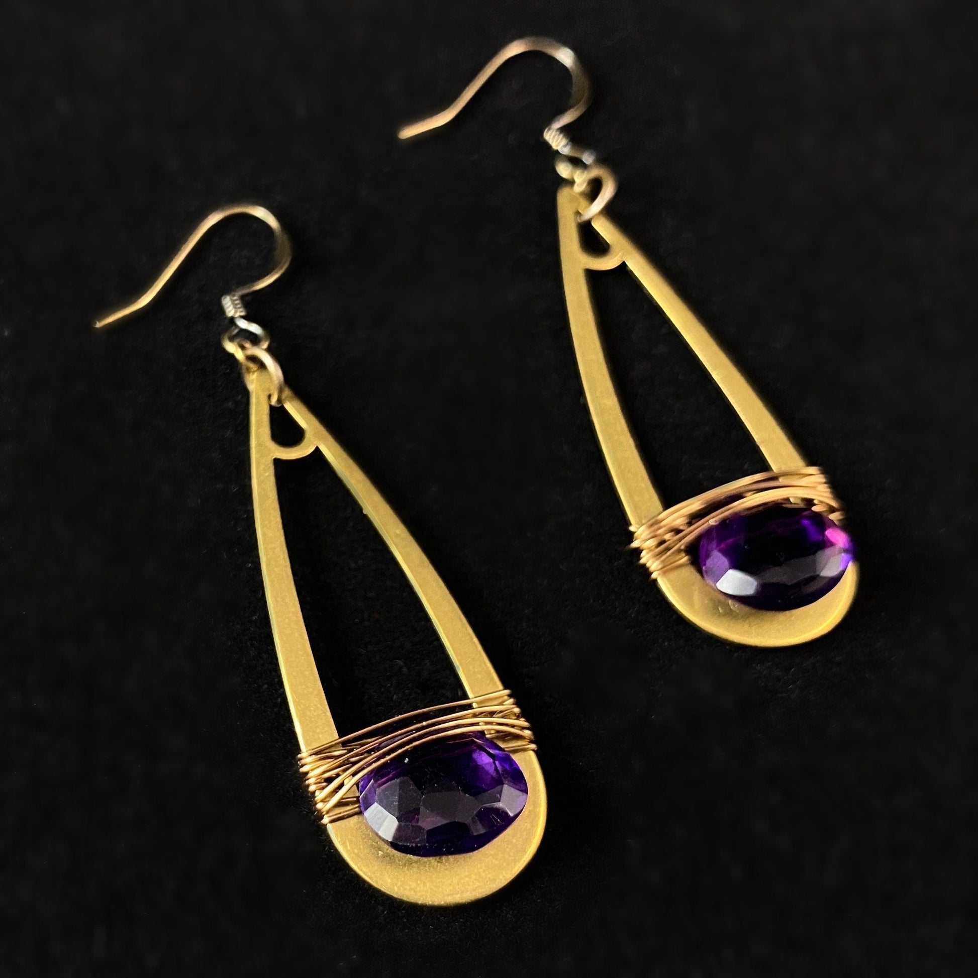 Boho Purple Quartz Wire Wrapped Elongated Teardrop Earrings