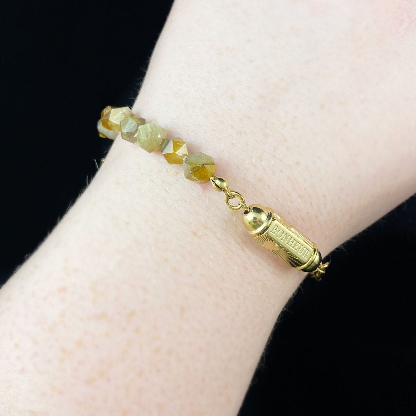 Brown Natural Stone Bracelet with Love/Bonheur Calligraphy and Dainty Gold Heart Detailing