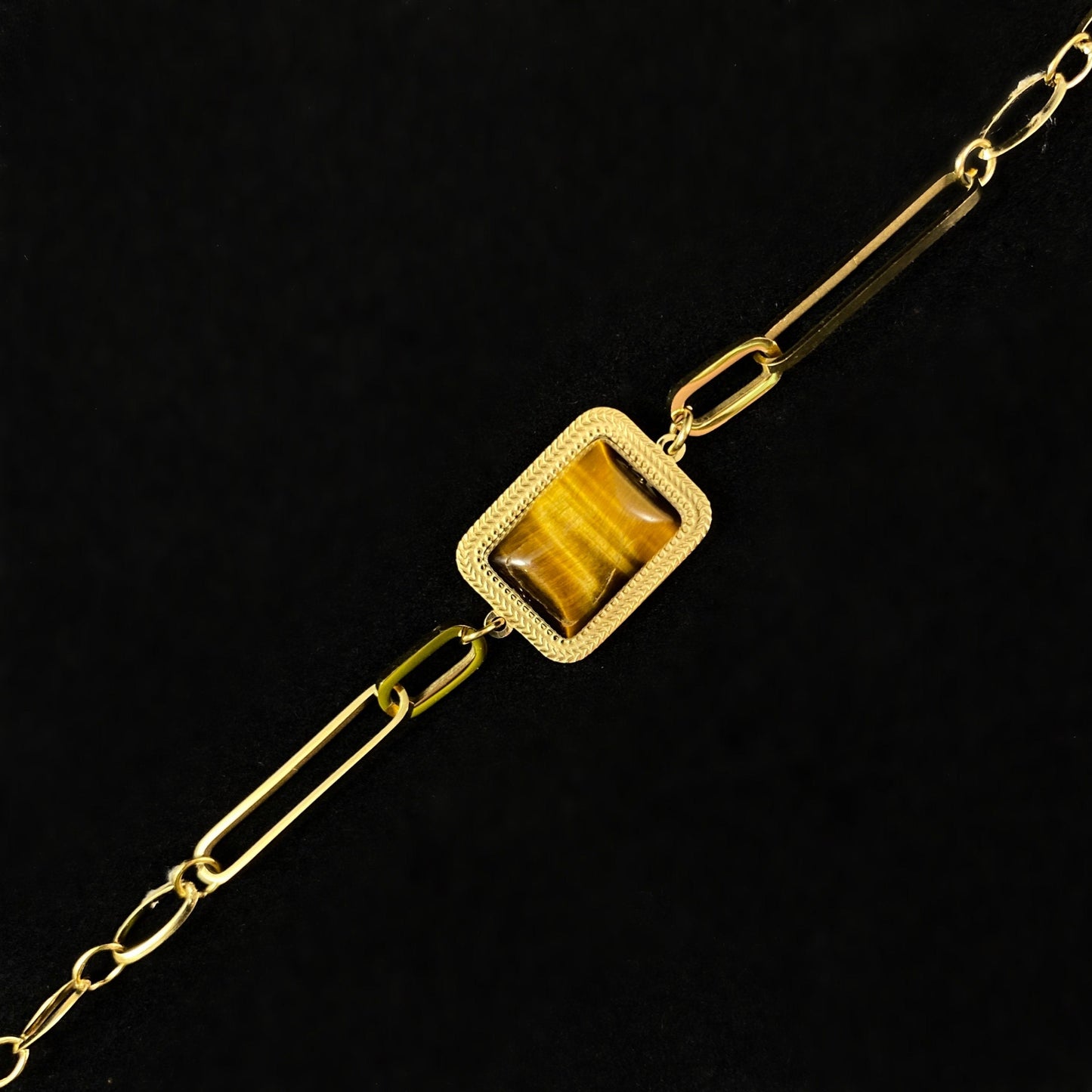 Brown & Orange Natural Stone Bracelet with Gold Chain Band and Rectangle Stone