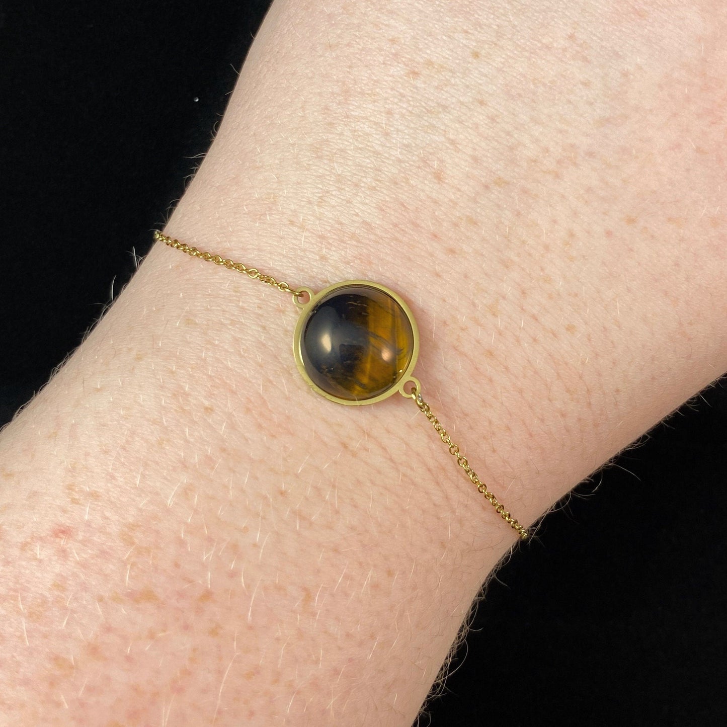 Brown & Orange Natural Stone Bracelet with Tiny Gold Chain Band and Circular Stone