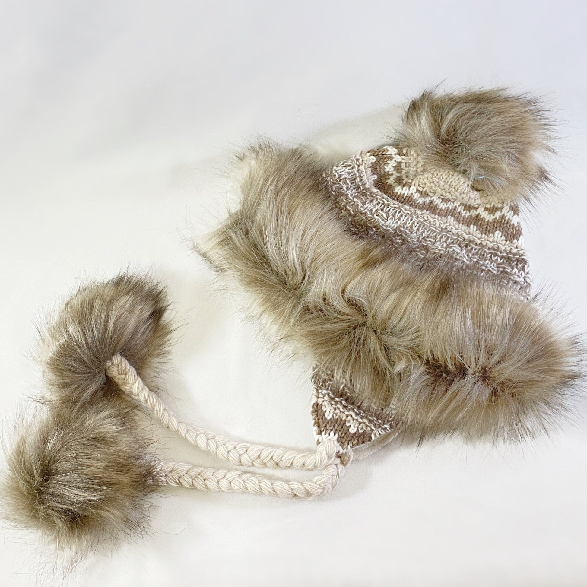 Brown/Taupe and White Winter Hat With Flaps and Pom Poms - Made From Italian Wool, Acrylic Yarn, and Faux Fur