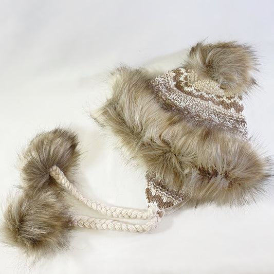 Brown/Taupe and White Winter Hat With Flaps and Pom Poms - Made From Italian Wool, Acrylic Yarn, and Faux Fur