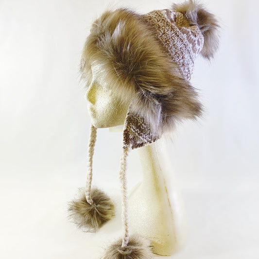Brown/Taupe and White Winter Hat With Flaps and Pom Poms -