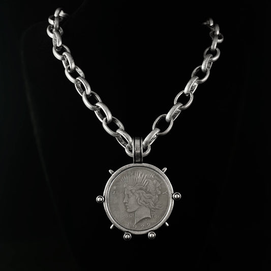 Burnished Silver Liberty Coin Statement Link Necklace - VBC